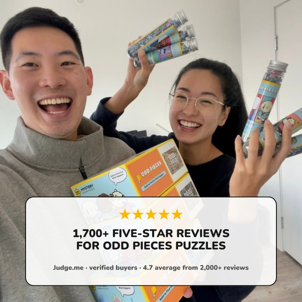 Two happy customers holding Odd Pieces puzzles: 1,700+ five-star reviews