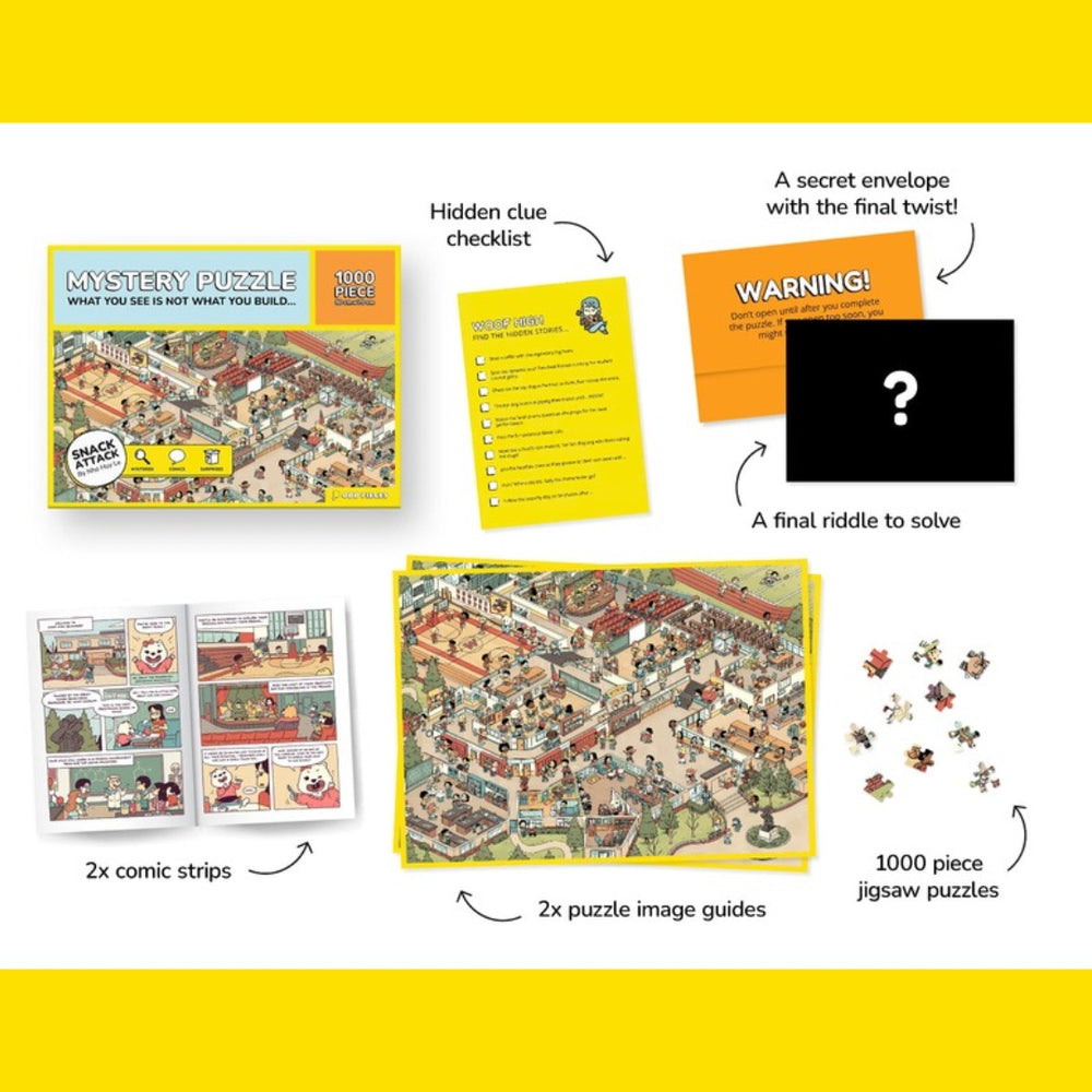 What's in the box: puzzle, comic strips, clue checklist, image guides and a secret envelope