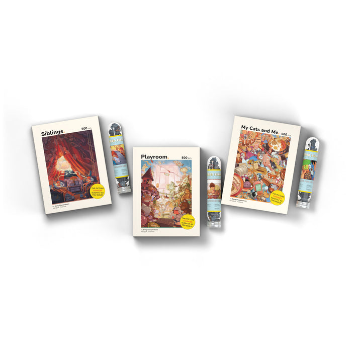 Inner Child Series 3-pack with 3 mini puzzles 500 piece puzzle box, overhead