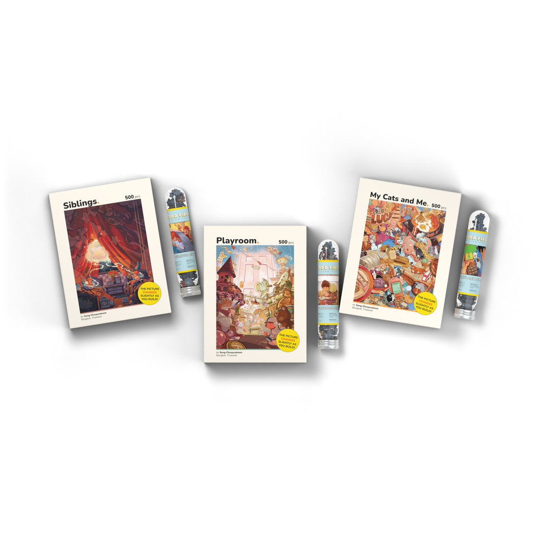 Inner Child Series 3-pack with 3 mini puzzles 500 piece puzzle box, overhead