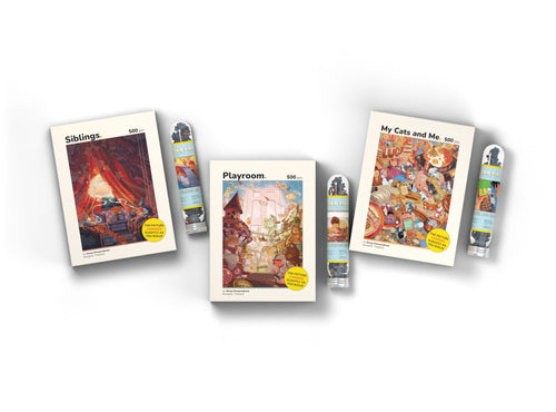 Inner Child Series 3-pack with 3 mini puzzles 500 piece puzzle box, overhead