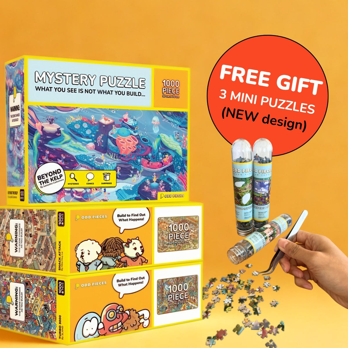 Three Odd Pieces puzzle boxes with a free gift of 3 mini puzzles