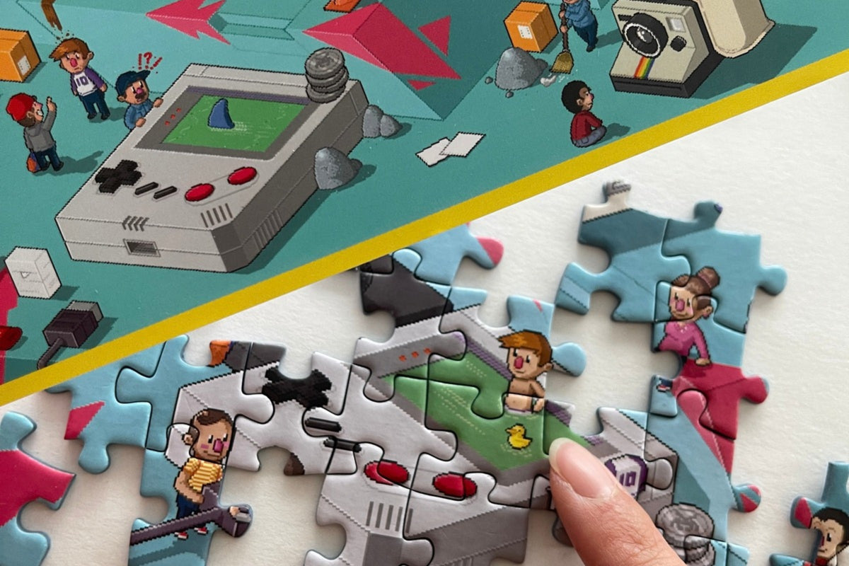 Box art beside the built puzzle, 3 changes circled